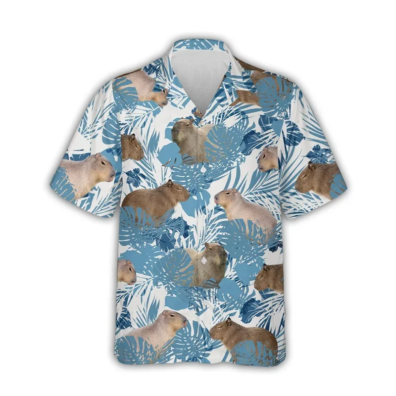 Camisa havaiana de manga curta masculina, padrão capivara kawaii, impressa em 3D, Aloha Beach, top de lapela legal