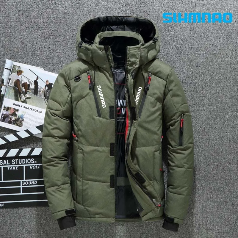 2025 Winter White Swan Plush SHMANO Fishing Jacket, Outdoor Mountaineering, Cycling, Camping Warm Jacket