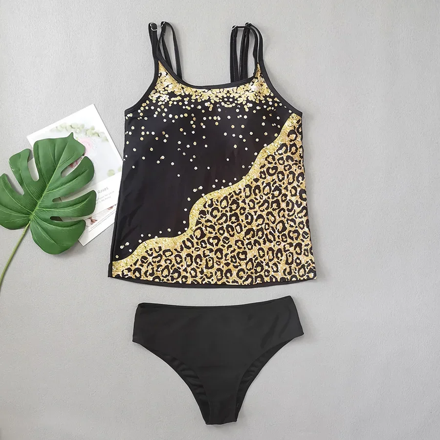 Conjunto de Bikini con estampado de leopardo para mujer, Tankini de cintura alta, traje de baño conservador para vacaciones en la playa, 2024