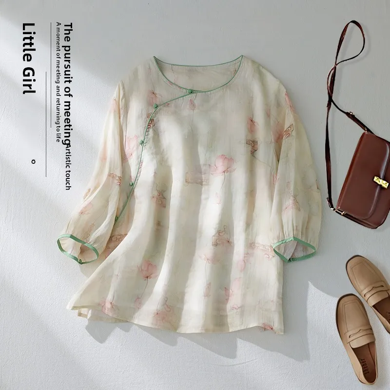 

plus Size Women's Shirt Loose Fit round Neck Print Design Lantern Sleeve Casual Outerwear Spring Summer New Arrival