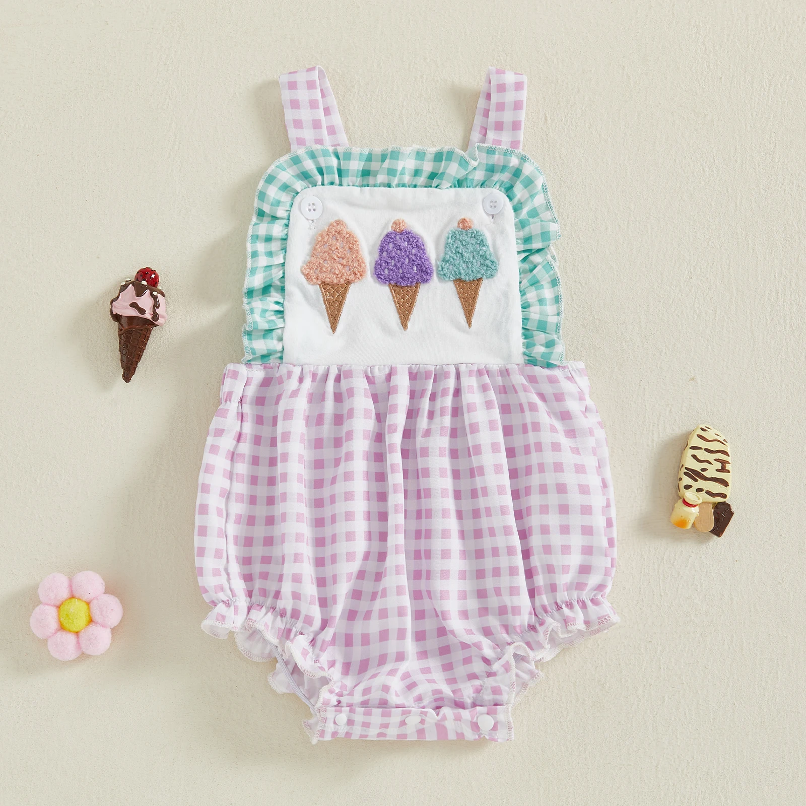 

Baby Girl Romper Loose Fit Ice Cream Embroidered Striped Sleeveless Infant Tank Jumpsuit for 0-24 Months