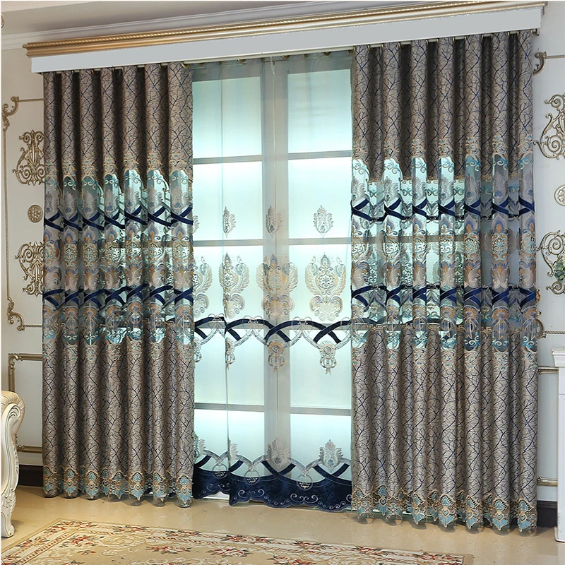 European High grade Water Soluble Curtains for Living Room Bottom Jacquard Stitching Blue Peacock Embroidered Sheer Curtain