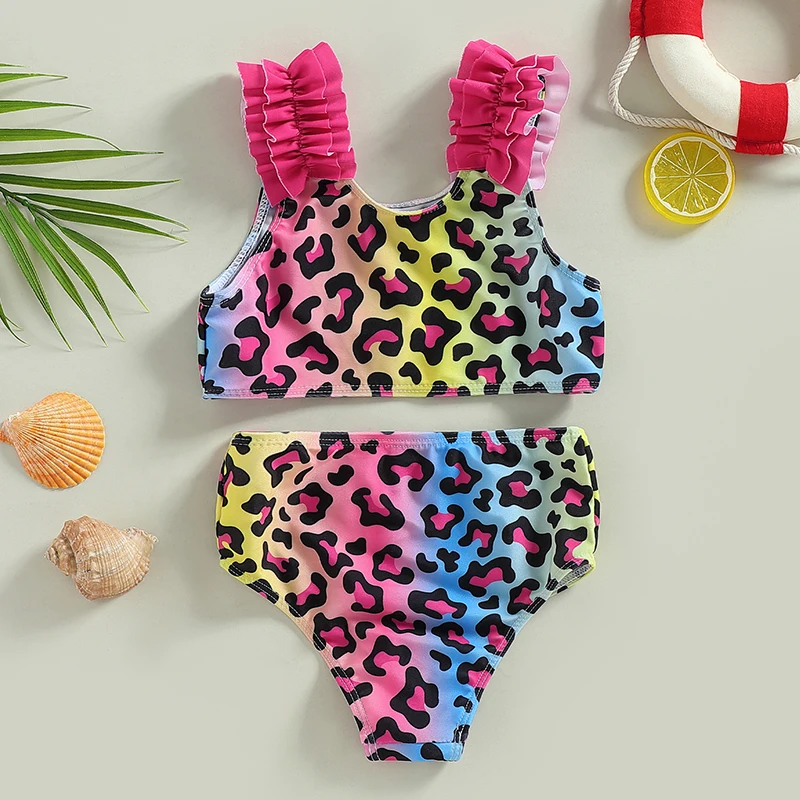 Yiiciovy Baby Kid Girl 2 sztuk stroje kąpielowe Bikini Set lato Leopard/serce nadruk w kropki podkoszulki bez rękawów z szorty plażowe stroje