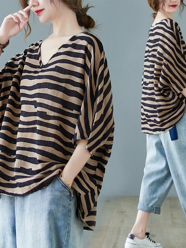 

plus Size Women's Cotton Linen T-irt Summer Wear Belly Covering Slimming Versatile Artistic Sle Comfortable Fit V-Ne Tee