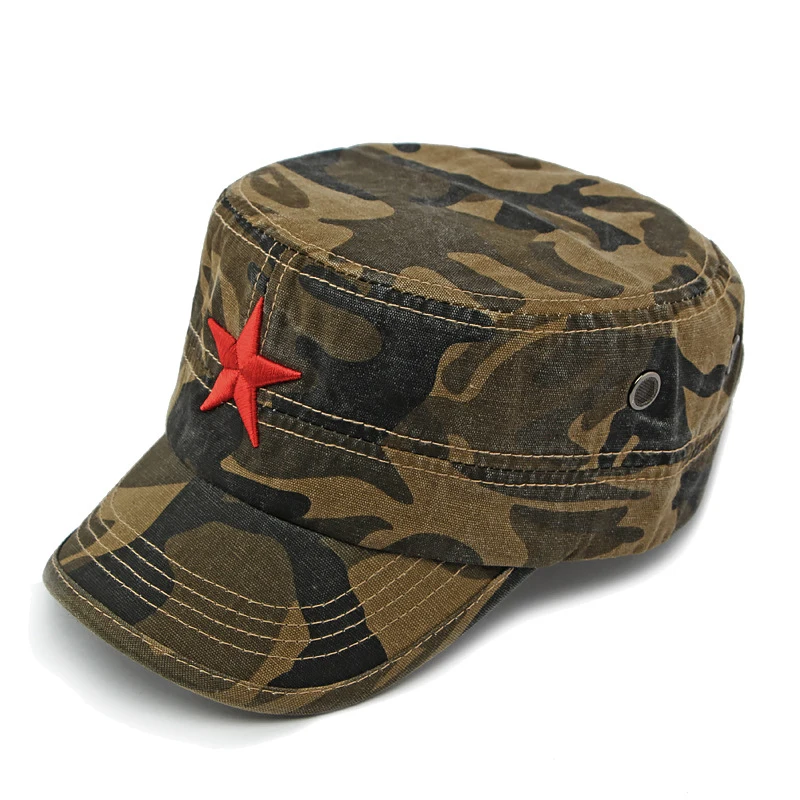 Chapeau de baseball à dessus plat en coton camouflage militaire, broderie étoile rouge 3D, protection solaire, casquette unisexe réglable pour randonnée en plein air et voyage