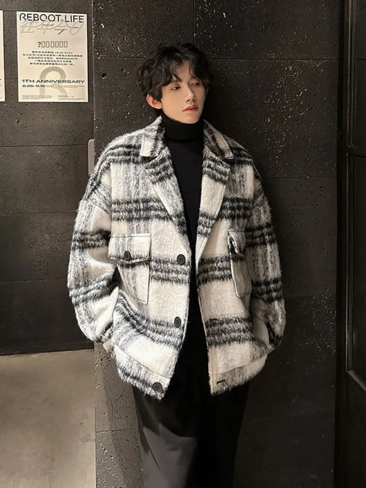 

Осенне-зимнее шерстяное пальто в клетку для мужчин: модное, в стиле ретро, с контрастным воротником, американский стиль, молодежный тренд