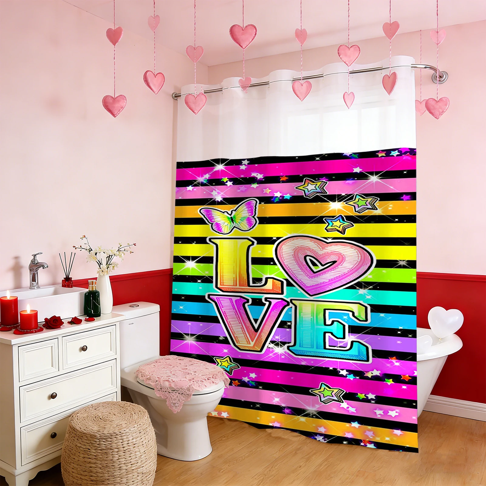 

Занавеска для душа без крючка в форме сердца на День святого Валентина с застежкой из тканевой подкладки, прозрачное верхнее окно, двухслойная занавеска для ванны