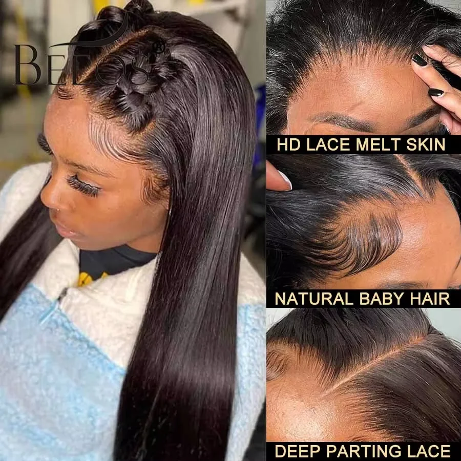 BEEOS Undetectable 13x6 HD Lace Frontal Wig Pre Plucked 13x4 HD Lace Full Front Human Hair Wigs For Women Bone Straight Wig 34in