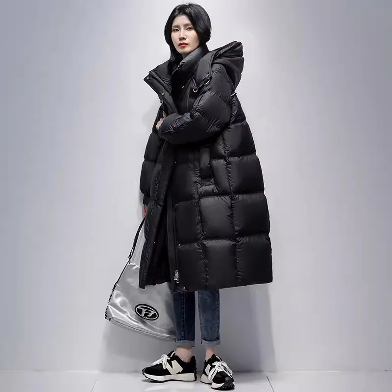 

Women Black Snow Parka Long Down Jacket 2023 New Over Knee Winter Korean Loose Hooded White Duck Down Coat Female Casual Overcoa