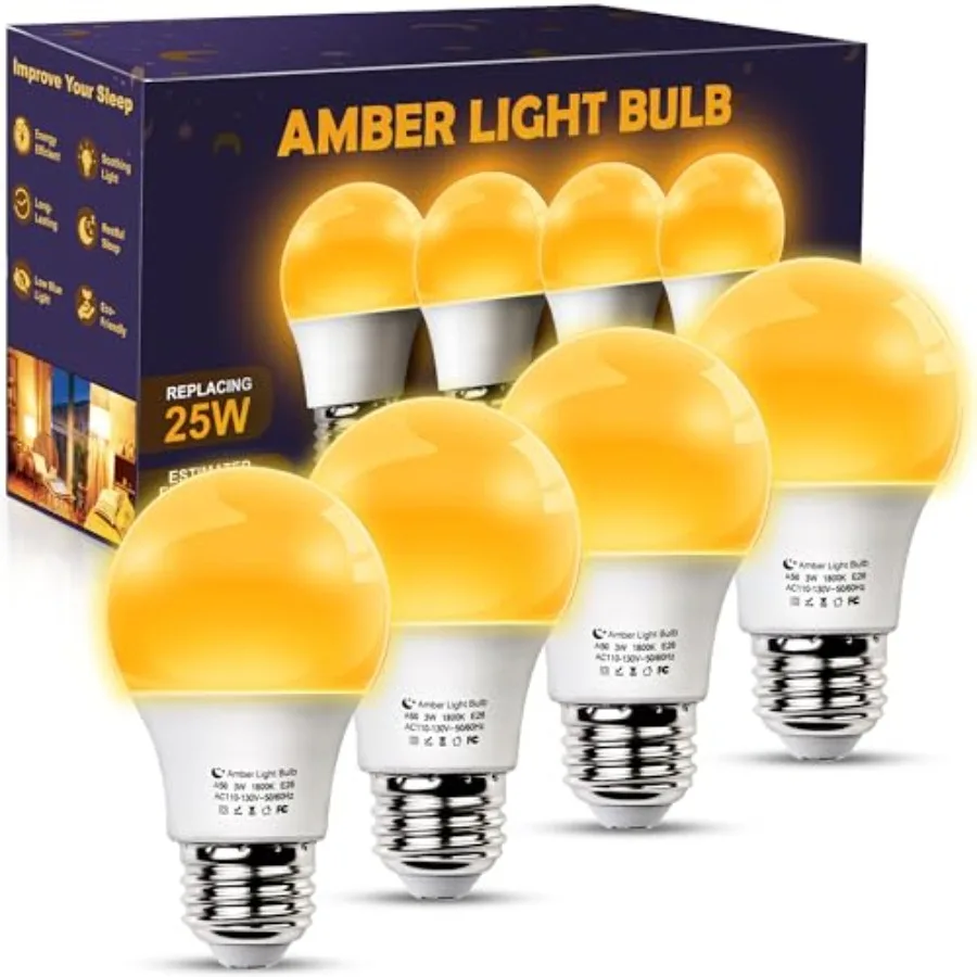 

Amber Sleep Light Bulbs, Blue Light Blocking, A15 3W 25 Watt Equivalent Dim Light Bulbs for Lamp, 1800K Warm Light Bulb, E26 fo