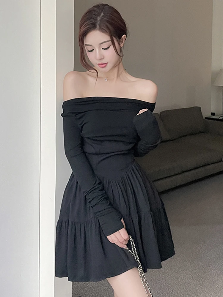 

Women Vintage Black Slash Neck Dress New Korean Off Shoulder French Dresses Sexy Fashion Slim One Piece Dress Spring Summer Fema