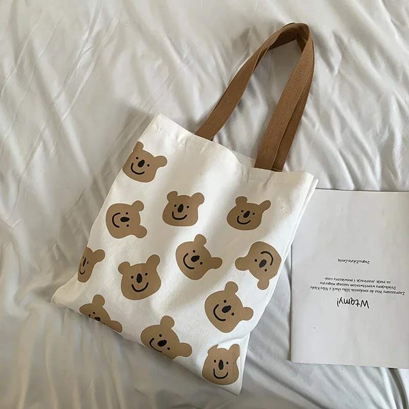 New Canvas Shoulder Bag for Women Girl Cartoon Teddy Bear White   Female Handbags Cloth Shopping Bags Ladies Tote Beach Bag