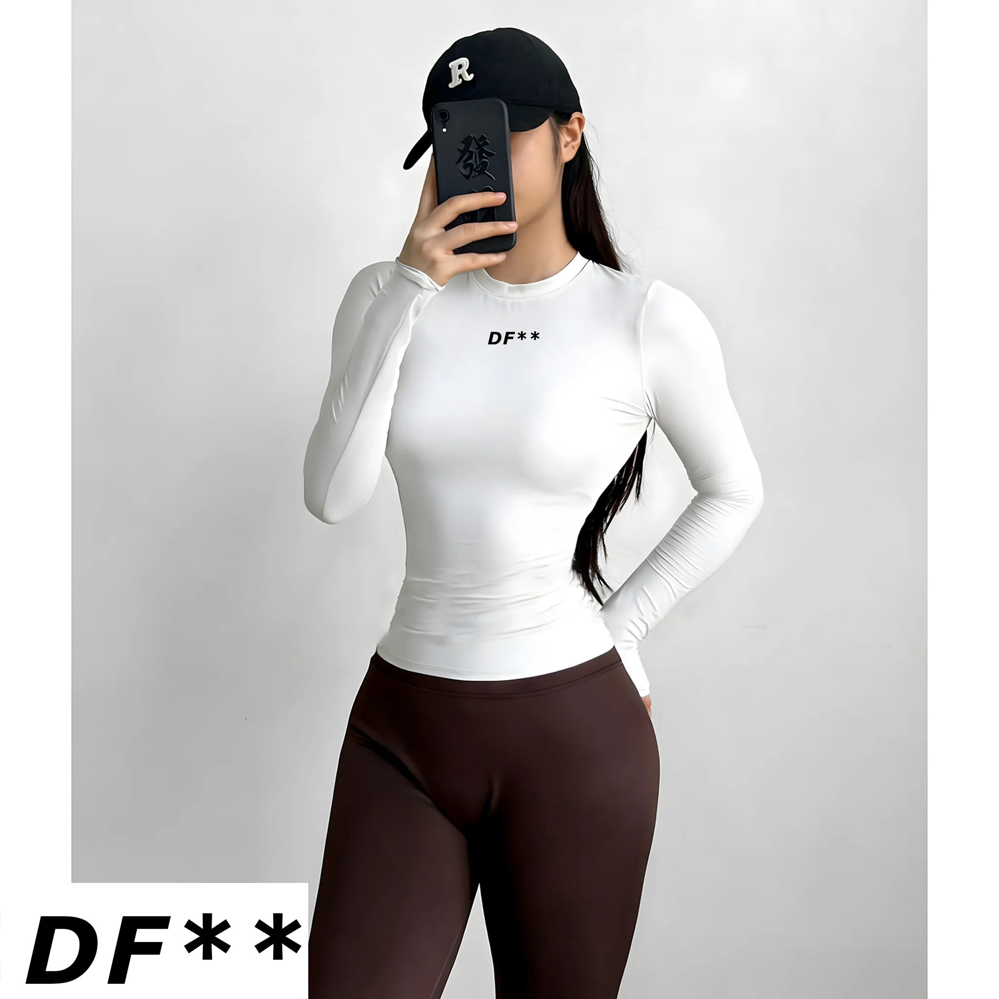 DF LOGO Women Seamless Long Sleeve Gym Top Tummy Slimming Yoga T Shirt Quick Dry Breathable Running Workout Sports Tee Activewea