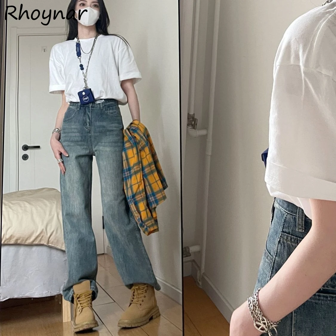 

Blue Jeans Women High Waist Straight Ins Chic Korean Style Simple Washed Summer All-match Hot Girls Distressed Streetwear Y2k