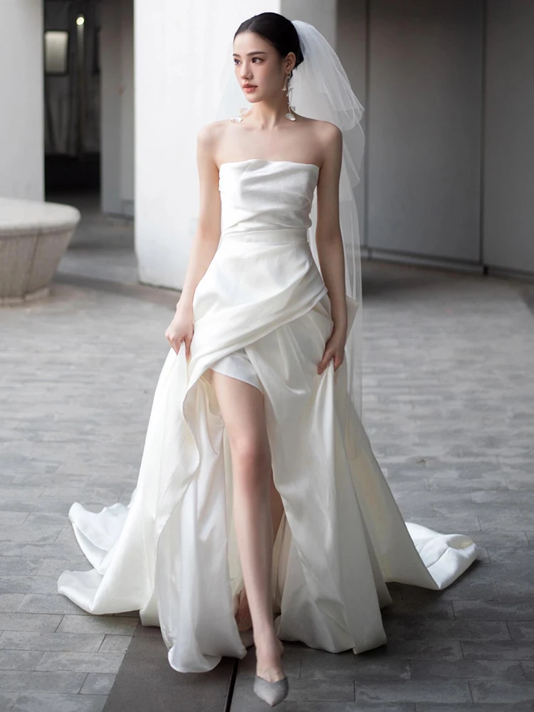 

Sexy Satin Bridal Gown with Open Split mid Waist Long Dr for Women Hotel Indoor Ocns Simple Sle Small Train