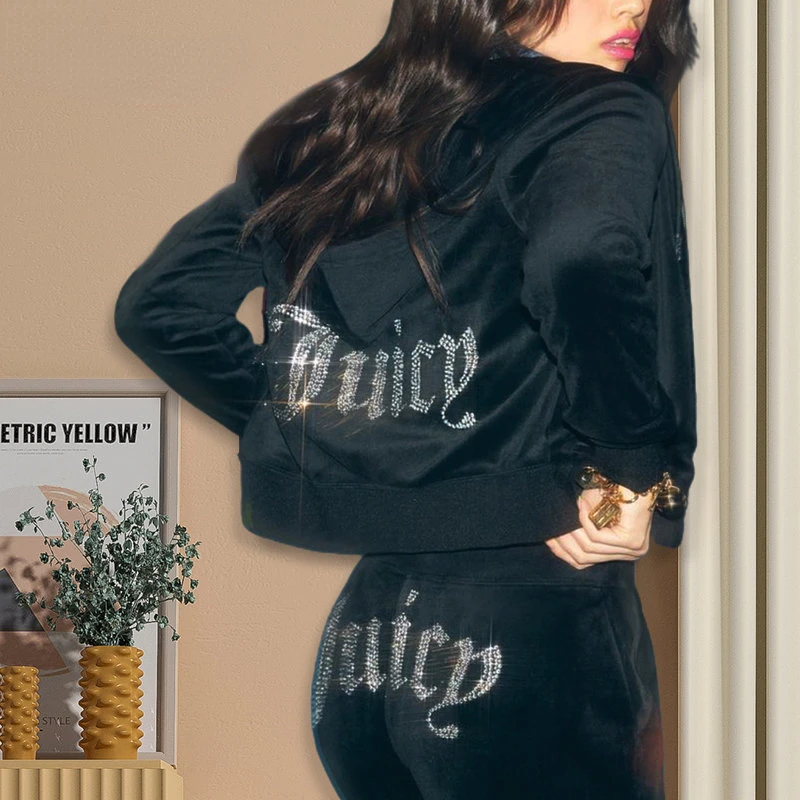 

Women 2 Pieces Set Tracksuit Chic Thin Velvet Sequin Hoodie Suit Women Velour Sweatshirt and Pants with Diamonds Y2K Autumn