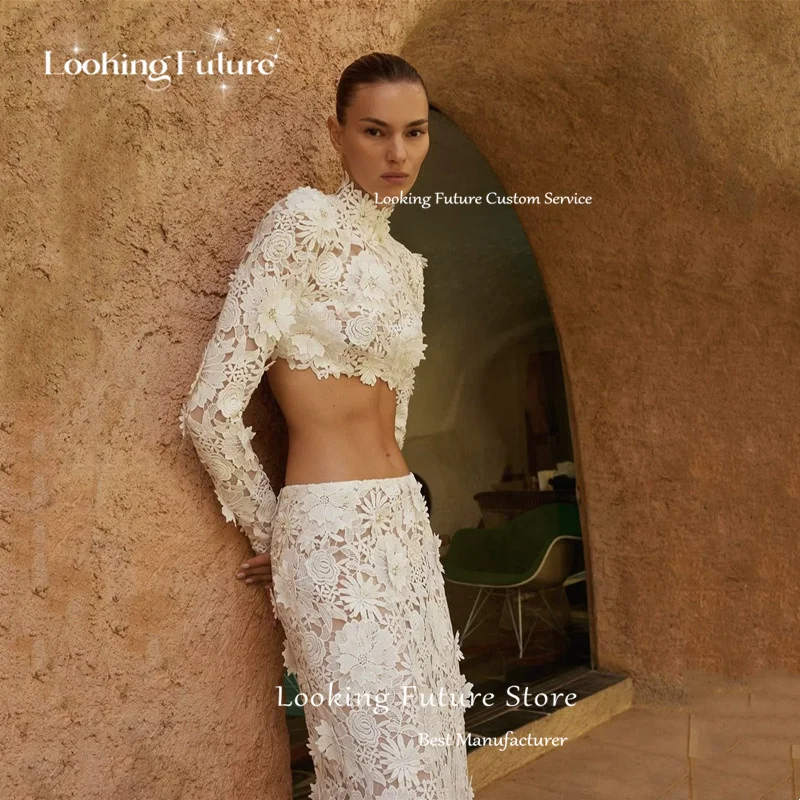 Vintage 2 pièces Style gaine dentelle robes de mariée simples manches longues col haut Appliques Sexy découpé dos nu robes de mariée