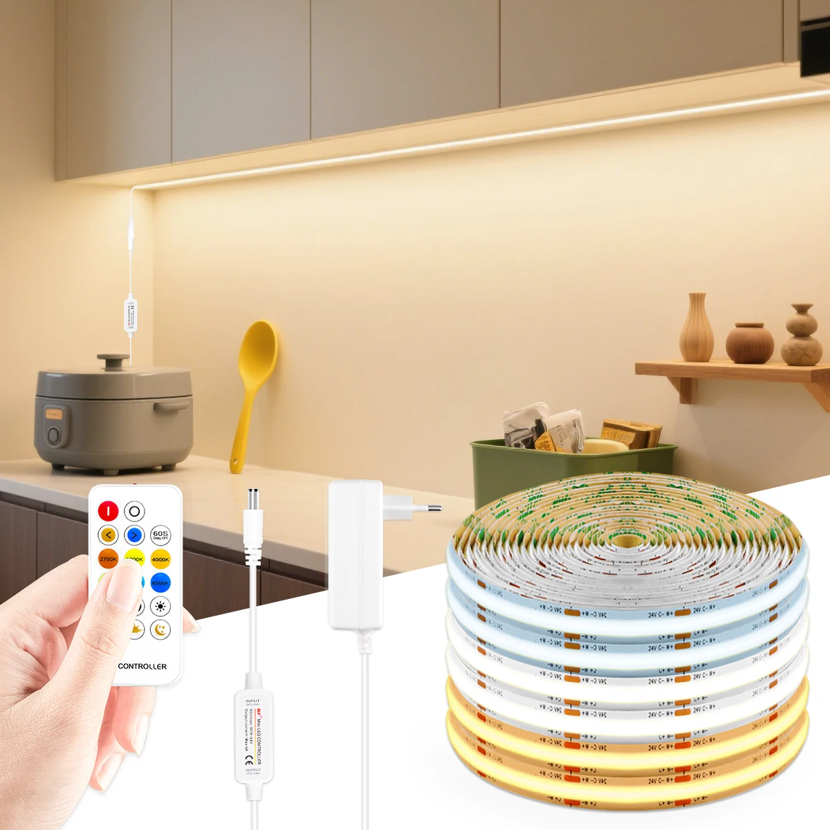 576leds/m alto brilho cob tira conduzida 24v sem cintilação 2700k-6500k pode ser escurecido fita cct ra90 para decoração de parede de armário de cozinha