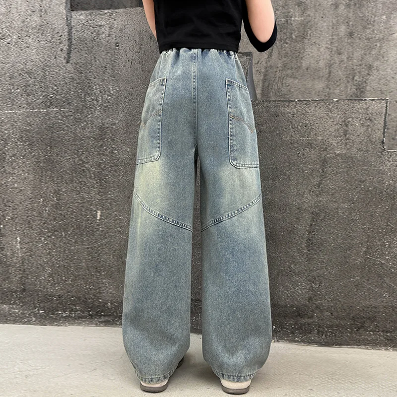 새로운 패션 아동용 곡선형 청바지, 10대 소녀들을 위한 하이 패션 스트리트 카펜터 데님 팬츠, 키즈 스타일리쉬 청바지 바지 4-14세