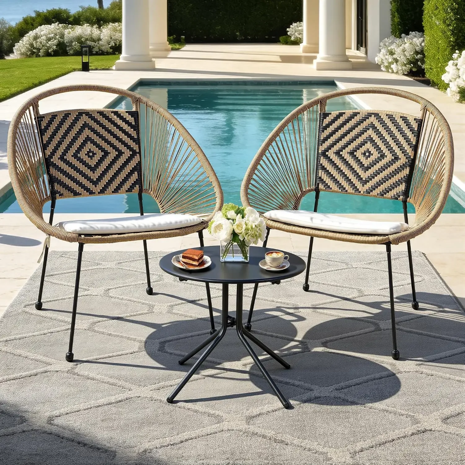 USA Stock3-Piece Outdoor Patio Bistro Set, Wicker Chairs with Cushions, PE Rattan All-Weather Conversation Set with Coffee Table