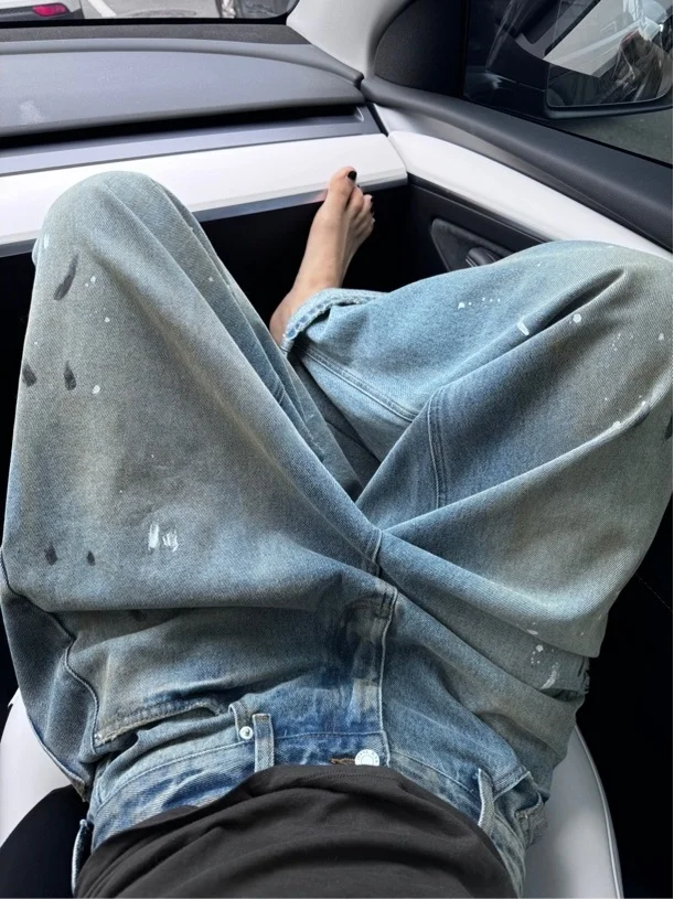 

PEACHZHOU Graffiti Splatter Vintage Washed Loose Straight Leg Jeans Casual Design Wide Leg Long Trousers Women's Denim Jeans