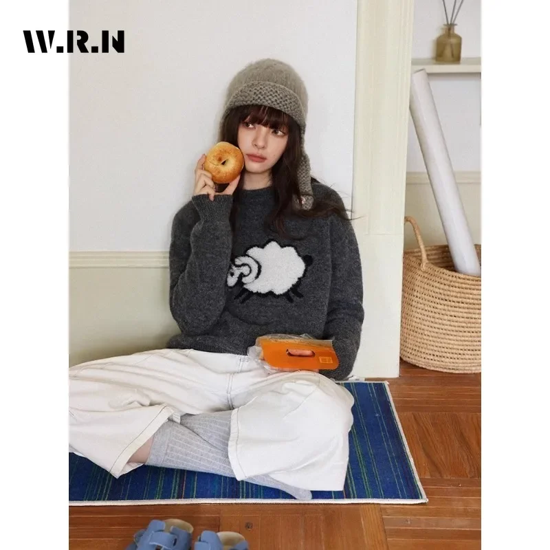 Sweet Knitting Long Sleeve Casual Y2K Pullovers 2025 Winter Women Lovely Jumpers Sheep Appliques Round Neck Ladies Sweater