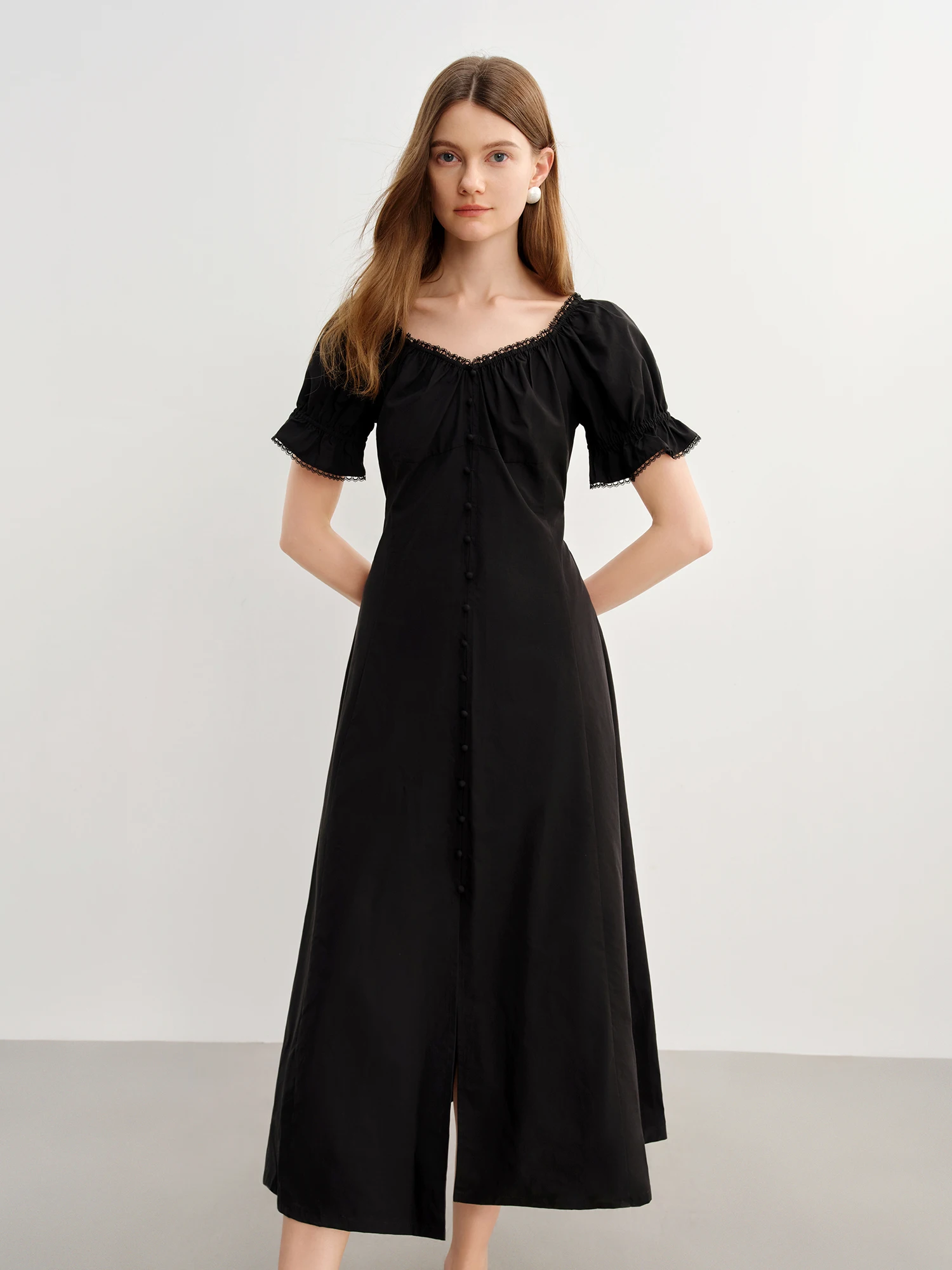 DUSHU grande taille femmes Style français élégant col en dentelle manches bouffantes robe 2025 été nouveau tempérament longue robe 25DS82829