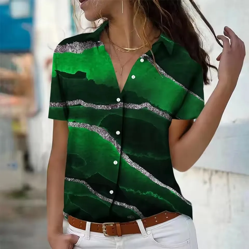 Fashion Gradient Striped Women Shirts Summer Short Sleeve 3D Printed Street Ladies Blouse 3XL Plus Size Casual Shirt