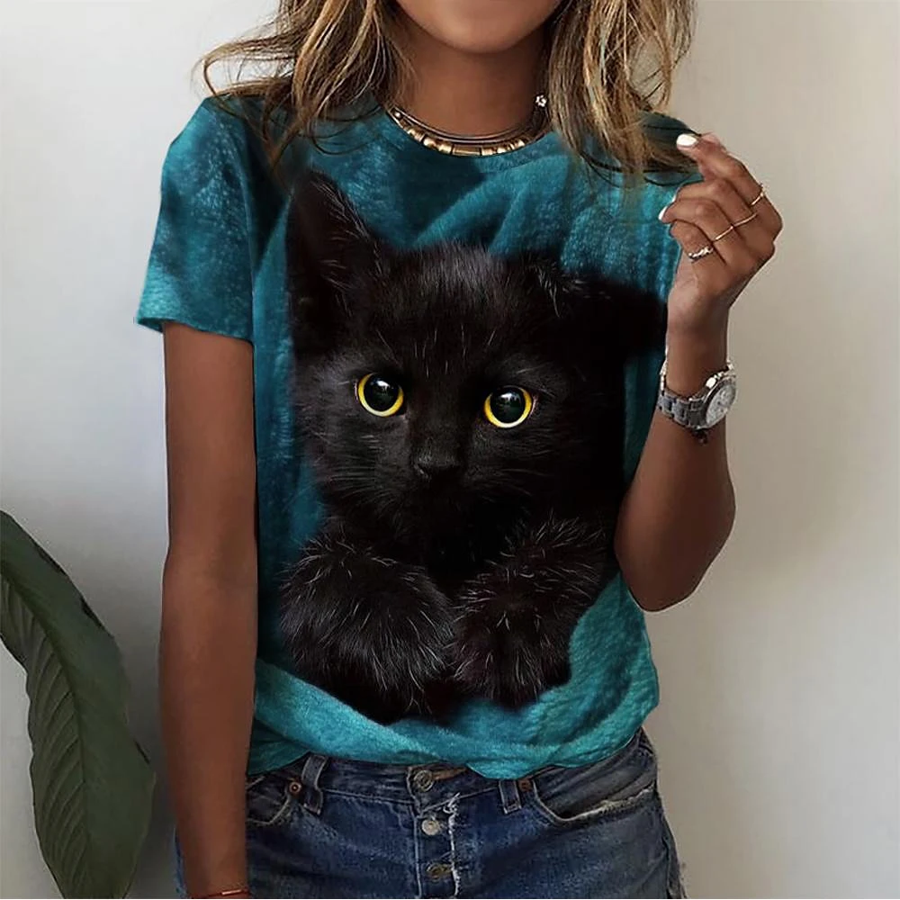 T-shirt manches courtes col rond femme, Streetwear, Harajuku Y2k, vêtements féminins, Kawaii Cat, impression 3D
