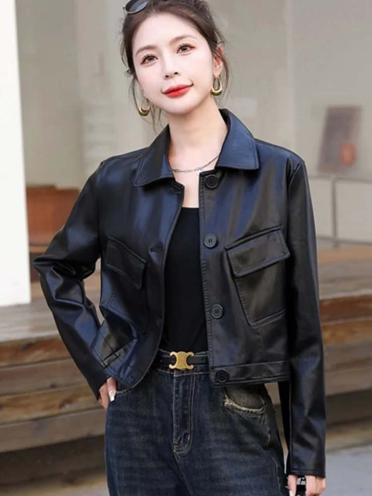 Black Short Leather Jacket with Pockets for Women Punk Motorcycle Leather Jacket Female Retro Fashion Punk Style Leather Jacket