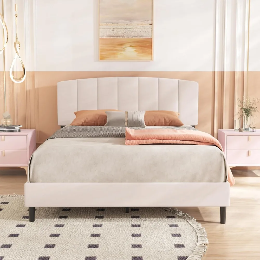 إطار سرير منجد بحجم كوين من alazyhome مع لوح رأسي منجد مخملي وشرائح خشبية تدعم بدون صندوق زنبركي N