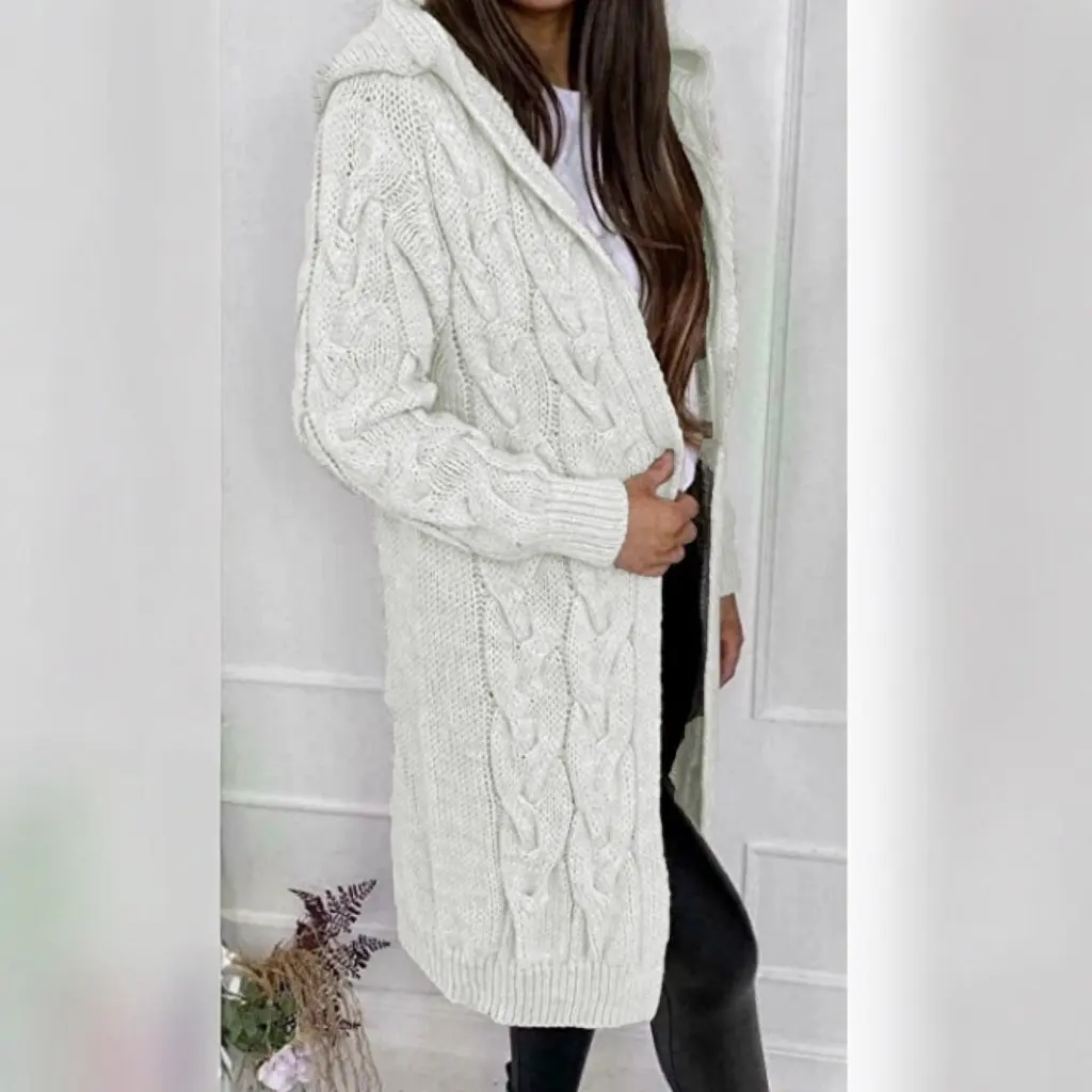 

Однотонный вязаный открытый кардиган, пальто средней длины, закрученная шляпа, осенне-зимний новый стильный свитер для женщин