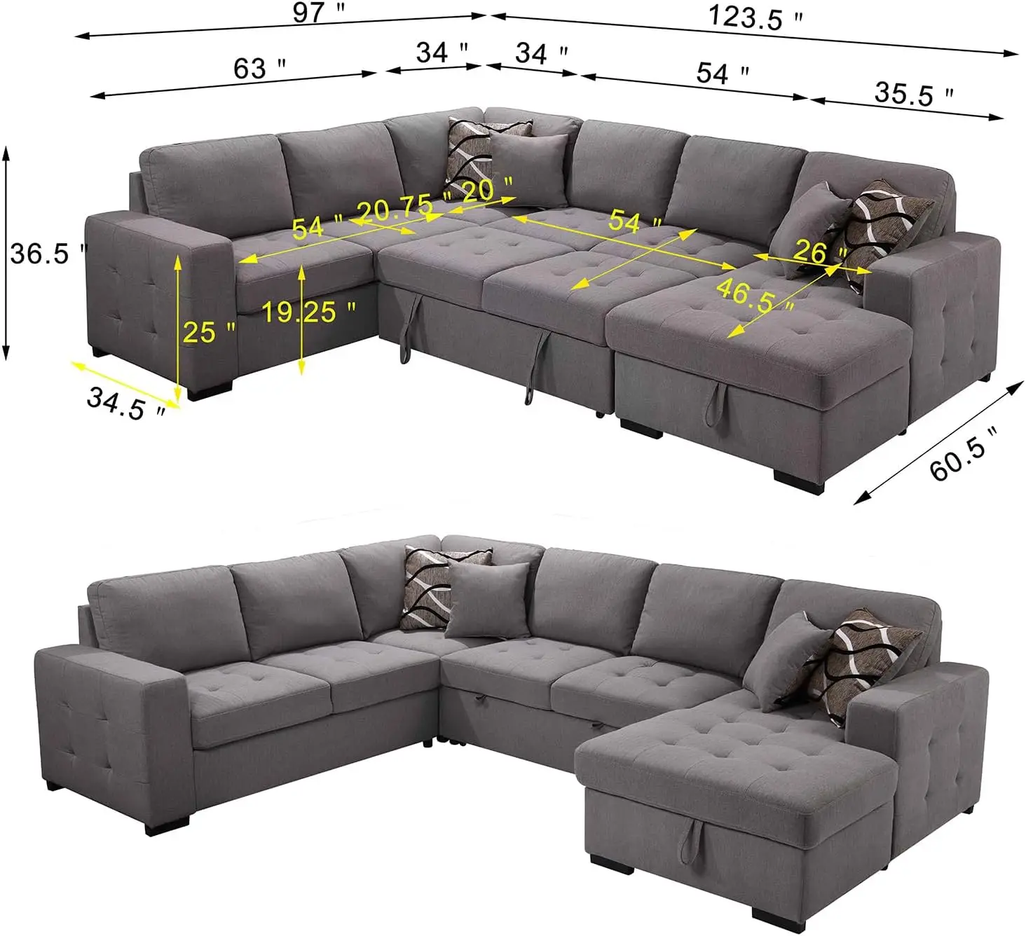 Sectional Sleeper Sofa Bed with Storage Chaise, U Shape Oversized Sectional Couch with Pull Out Bed for Living Room Gray