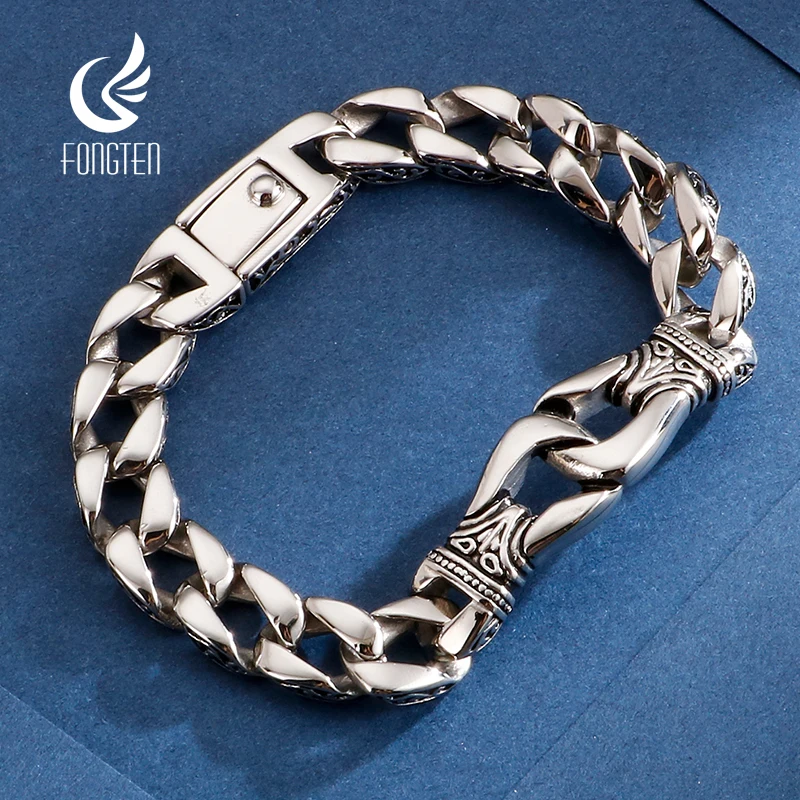 

Fongten 22.5cm Bracelet For Men Stainless Steel Cross Cuban Chain Male Bangle Bracelets Brushed Shiny Multiple Color Jewlery