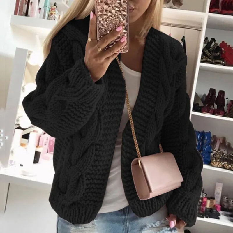 

Vintage Regular Yarn Twist Cardigan Women Sweater Knitwear Winter Hooded Open Stitch Top Female Solid Slim Long Sleeve Cardigans