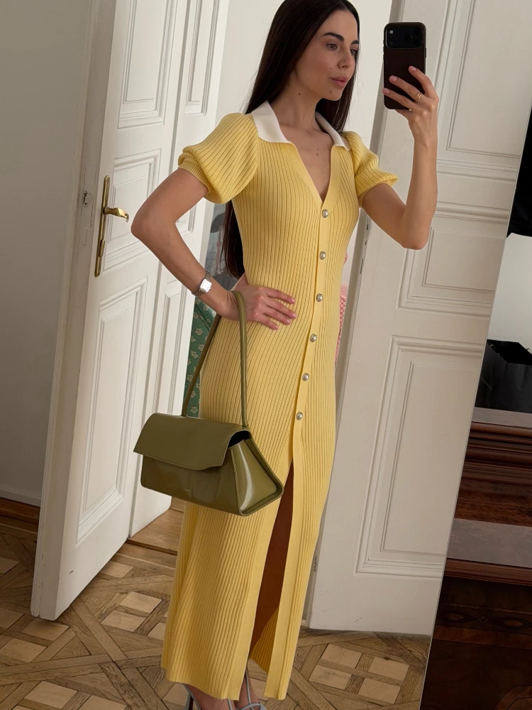 

Tsiisd Knit Contrast Women's Maxi Dress Ribbed V Neck Slim Premium Elegant Commute Fashion Party Evening Dress Female Dress 2026