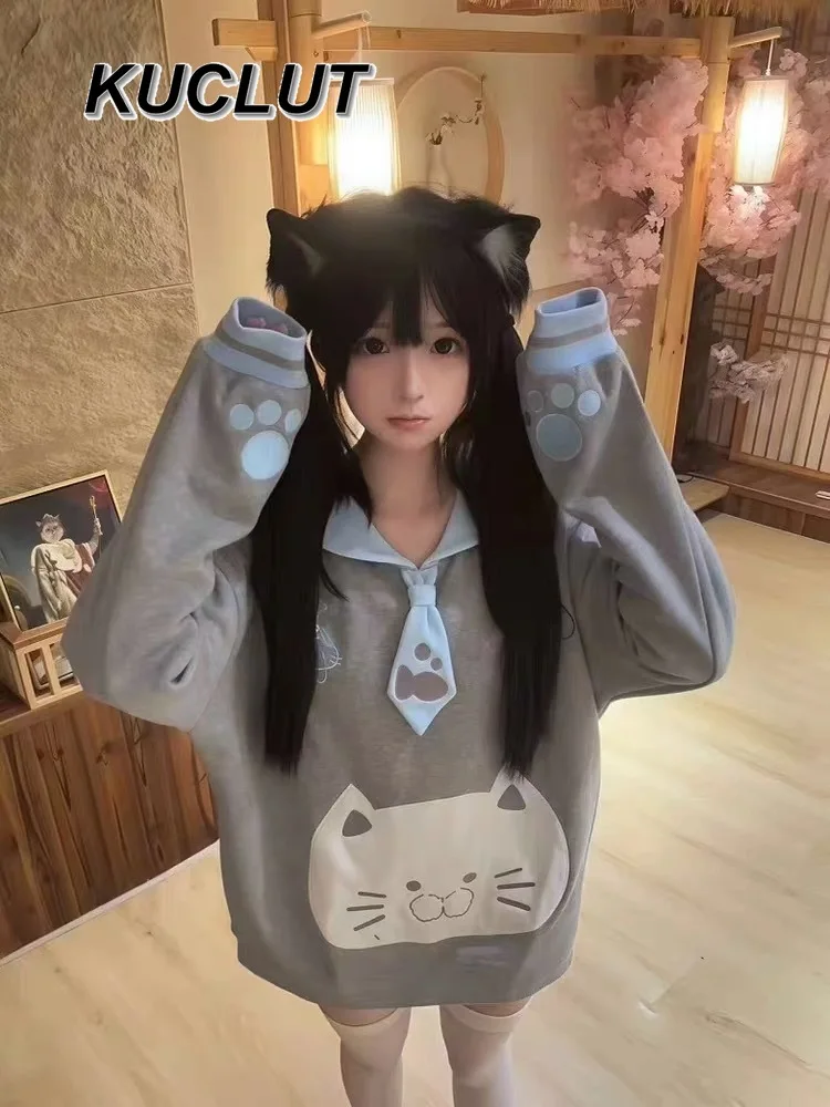 일본 대학 스타일 긴 소매 풀오버 캐주얼 스웨트셔츠 여성용 가을 겨울 두꺼운 귀여운 세일러 칼라 루즈 탑