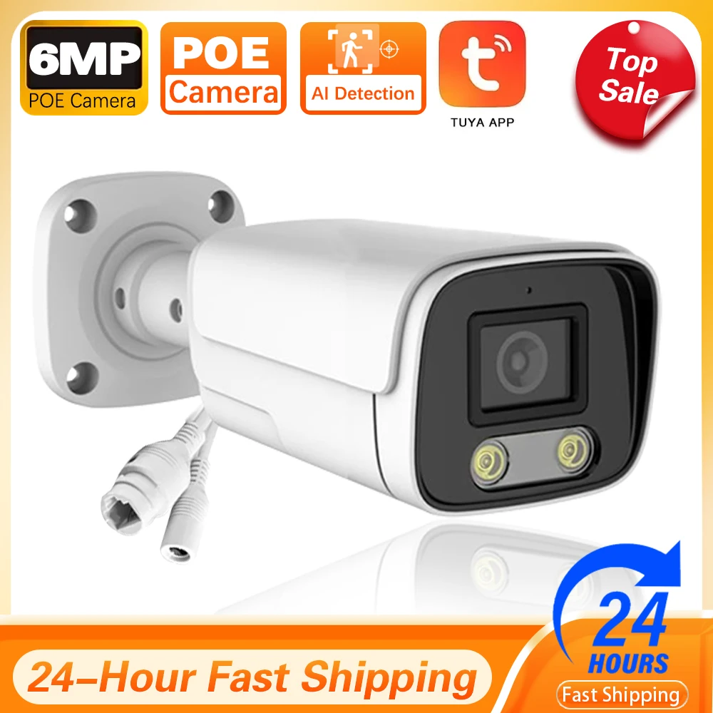 6MP POE IP Camera Color Night Vision Cctv Security Cameras H.265 Outdoor Two-Way Audio Video Surveillance Tuya Smartlife App
