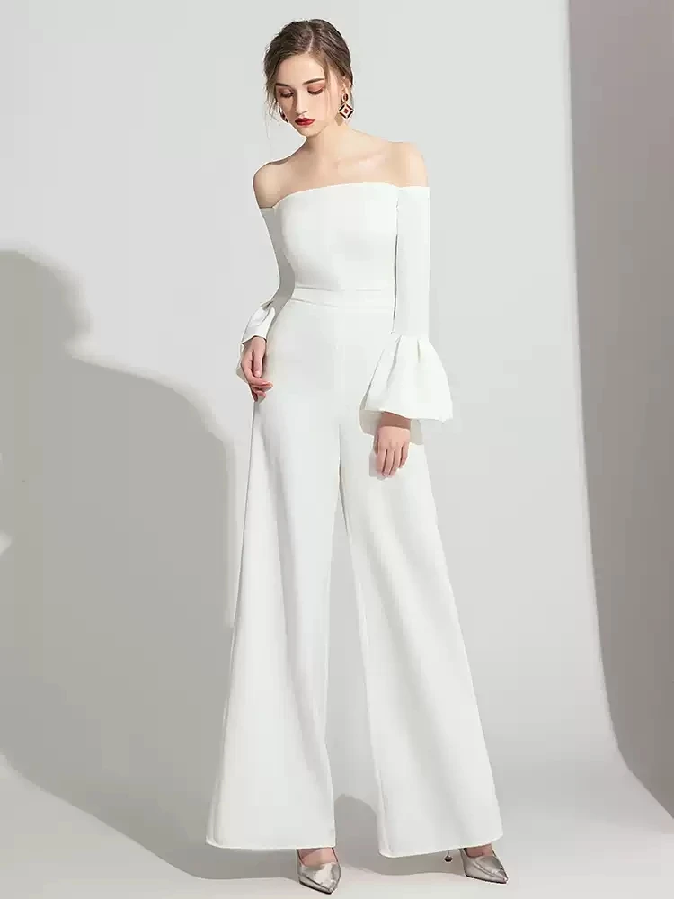 Abito da ballo bianco con spalle scoperte 2026 Tuta a maniche lunghe Abito da spettacolo da sera formale Robe De Soirée Stile elegante alla moda