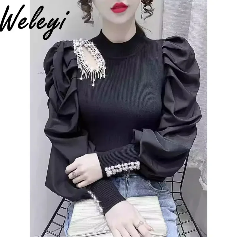 

Kawaii Women Tops and Blouses Autumn New Lantern Sleeves Poleras Heavy Industry Beads Hollow Stitching Knitting Koszule I Bluzki