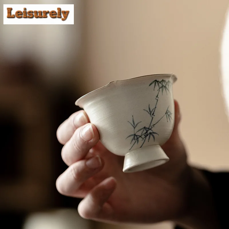 100ml Hand-painted Bamboo Pottery Teacup Powder Yin White Master Cuop Flower Mouth High Foot Cup Chazhan Mugs Kung Fu Tea Set