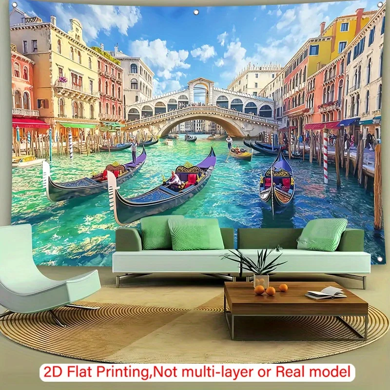 Venice Canal Tapestry 2D Flat Gondola Bridge Wall Hanging European City Landscape Decor for Living Room Bedroom
