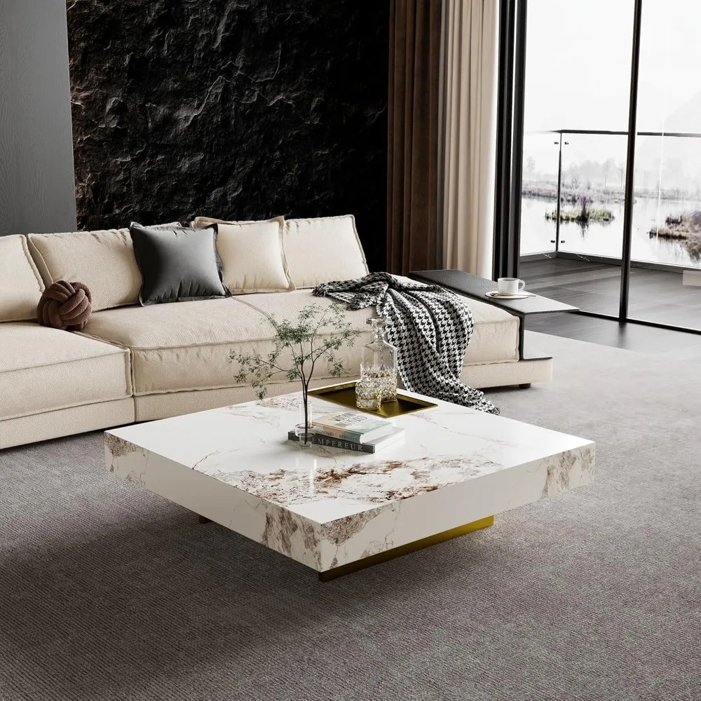طاولة قهوة حديثة لغرفة المعيشة، طاولة غرفة معيشة مربعة كبيرة 43.31 بوصة، سطح طاولة من الحجر الملبد مع أرجل من الفولاذ المقاوم للصدأ باللون الذهبي