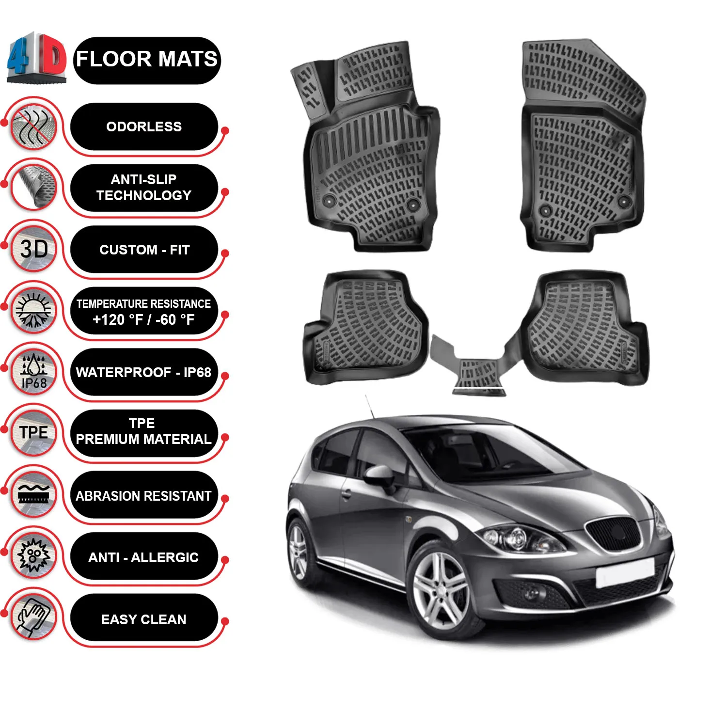 Seat Altea - (2004-2015) Floor Mats Liner Waterproof 3D - (Black)