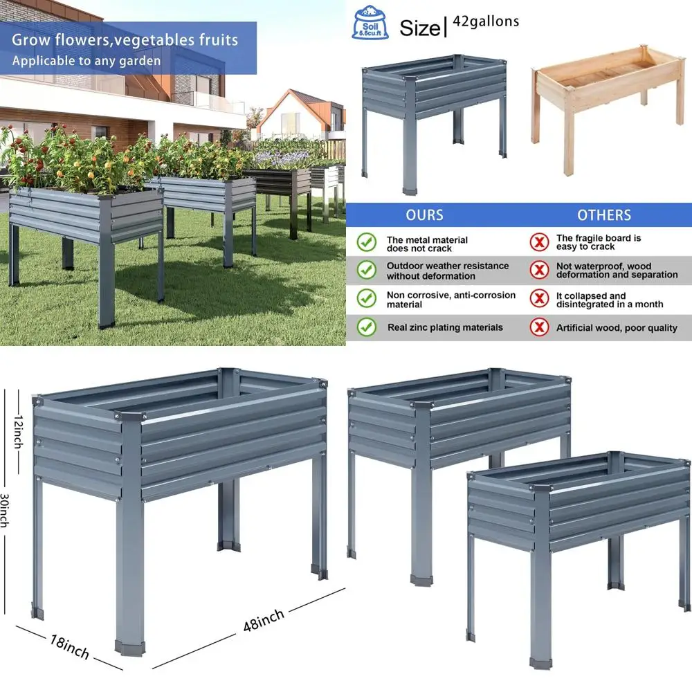 

2 Pack 48x18x30 Galvanized Elevated Garden Beds with Legs, 300lb Capacity, Grey