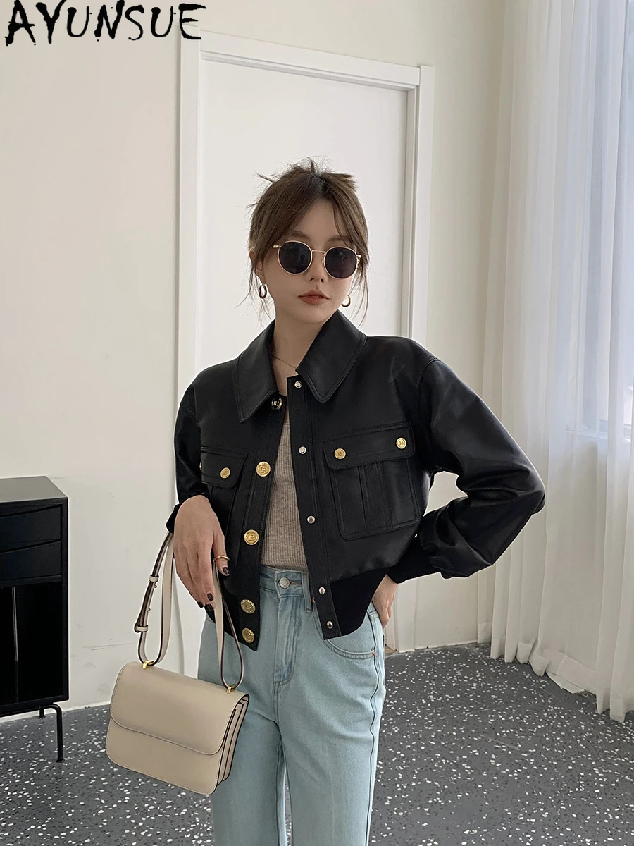 AYUNSUE High-street Genuine Leather Jacket Women 2023 Elegant Real Sheepskin Coat Single-breasted Short Leather Jackets Loose