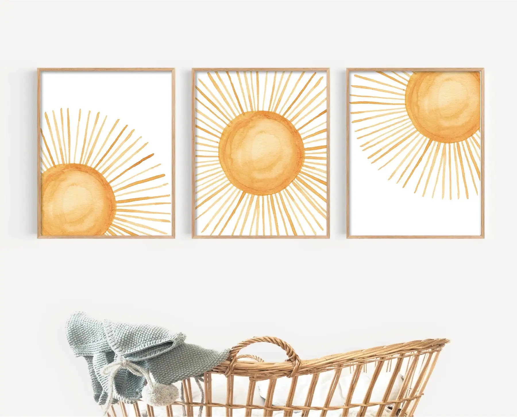 Watercolor Boho Sun Canvas Wall Art – Minimalist Golden Sunshine Burst Printing for Warm Home Decor, Ideal Nursery Gifts