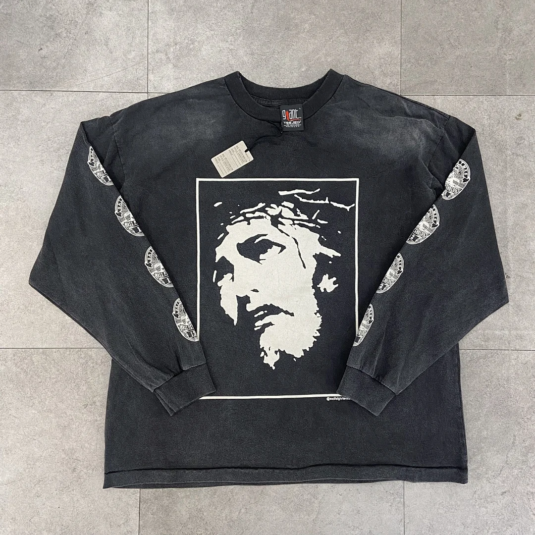2026ss SAINT Streetwear Figure Print Washed Loose Heavyweight Cotton Casual Vintage Long-Sleeve Base Layer Men T Shirt