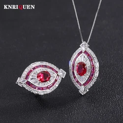 Luxury 8*10mm Ruby Gemstone Pendant Necklace Rings for Women High Carbon Diamond Wedding Cocktail Party Fine Jewelry Sets Gifts