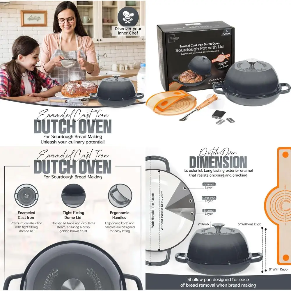 

Эмалированная голландская печь на 6 кварт (5,7 л) серого цвета с крышкой, идеально подходит для выпечки хлеба на закваске, в комплекте ламе на 5 лезвий и силиконовый поддон